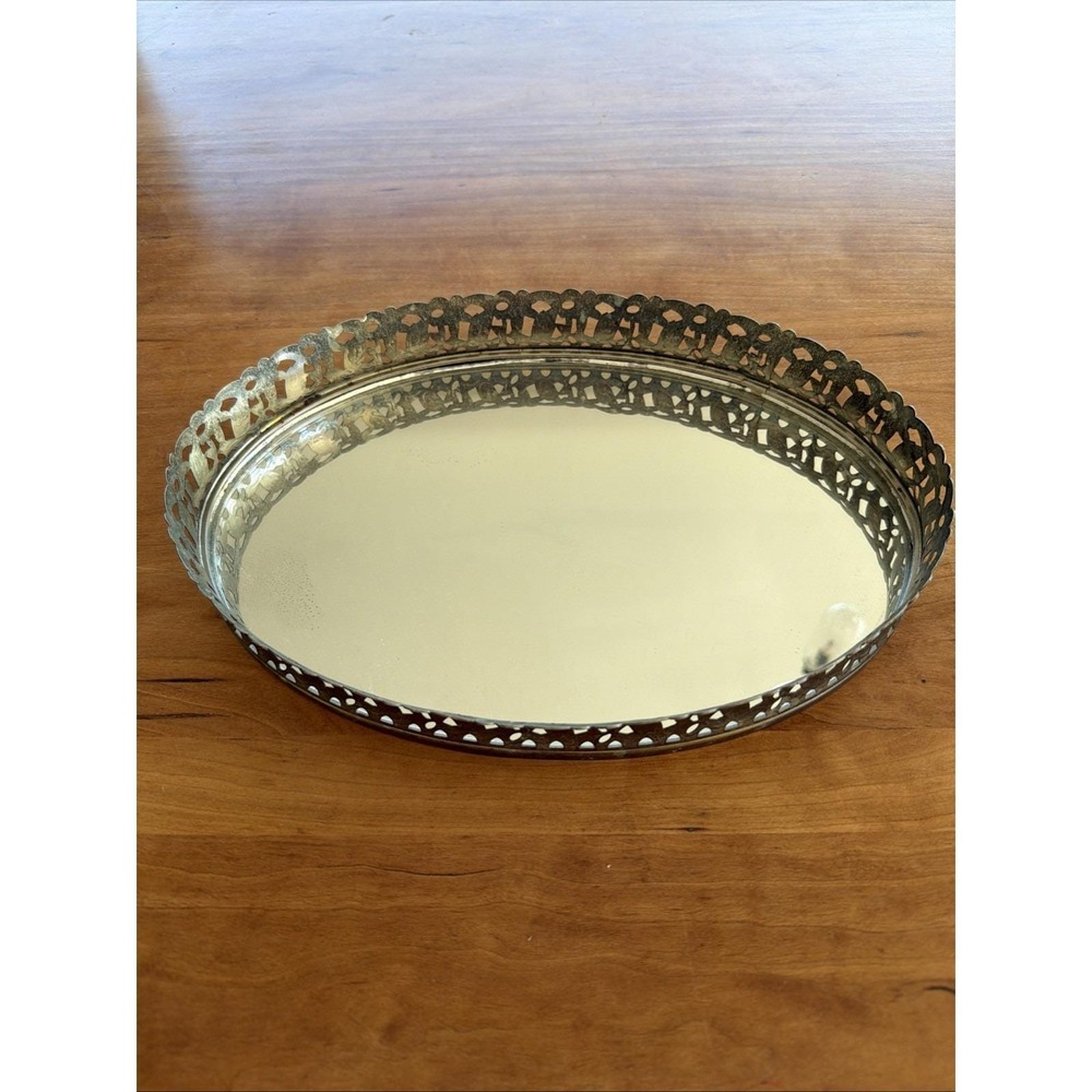 Antique Solid Brass Oval Mirrored Vanity Tray 12" Pierced Gallery c1915